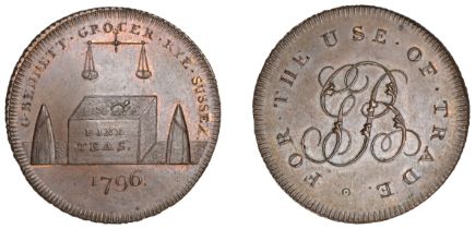 SUSSEX, Rye, G. Bennett, Skidmore's Halfpenny, 1796, sugar loaves, chest and scales, rev. gb...