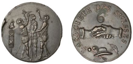 Uncertain locality, SociÃ©tÃ© des Suisses, copper 6 Sous, three men standing, right arms raise...