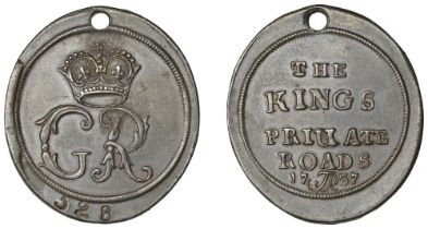 LONDON, Chelsea, King's Private Road, type III, oval copper, 1737, crowned gr monogram, rev....