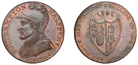 HAMPSHIRE, Southampton, Taylor, Moody & Co, Westwood's Halfpenny, 1791, bust of Sir Bevois l...