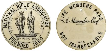 HAMPSHIRE, Bisley, National Rifle Association, Life Member's Pass, 1905, bone, bowman and ri...