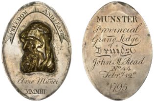 MUNSTER, Munster Provincial Grand Lodge of Druids, oval silver and partially gilt, unsigned,...