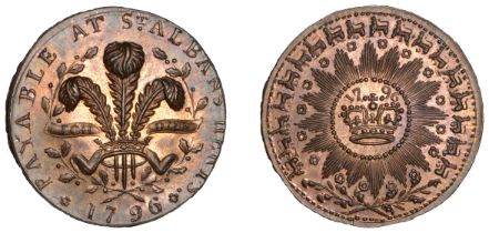 HERTFORDSHIRE, St Albans, Denton's Halfpenny, 1796, Prince of Wales' feathers, rev. crown wi...