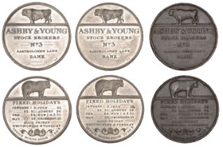 LONDON, Bank, Ashby & Young, copper, white metal (2), by T. Bagshaw, man-headed bull, revs....