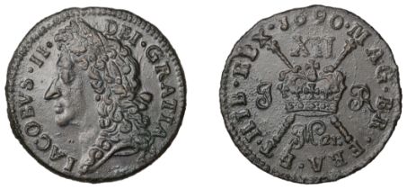 James II (1685-1691), Gunmoney coinage, Shilling, 1690 Mar., 4.88g/12h (Timmins 1B; S 6581J)...