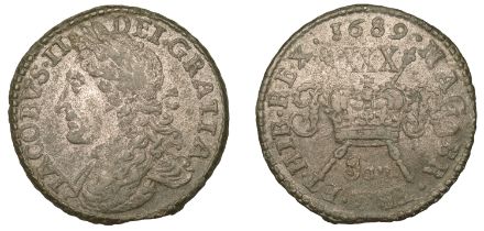 James II (1685-1691), Gunmoney coinage, Halfcrown, 1689 Jan., 13.84g/12h (Timmins 1C [this c...