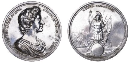 Naval Victory against Holland, [1665], a silver medal by J. Roettier, armoured and draped bu...