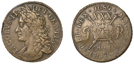 James II (1685-1691), Gunmoney coinage, Halfcrown, 1689 Augt:, stop after ii, wide plain a i...