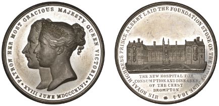 Opening of Brompton Hospital, 1846, a white metal medal by J. Davis, conjoined busts of Vict...
