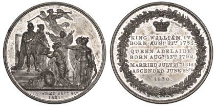 William IV, Coronation, 1831, a white metal medal by T.W. Ingram, Britannia offering crown t...