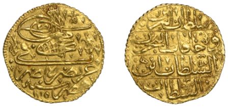 Ahmed III, Ashrafi, Misr 1115h, heh, 3.47g/10h (OC 23-035; ICV 3277). Good very fine, scarce...