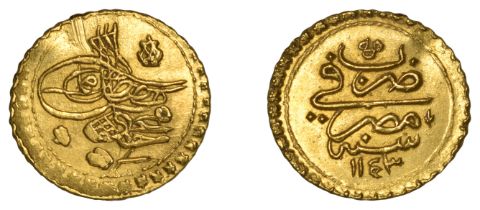 Mahmud I, Half-Findik, Misr 1143h, 1.72g/12h (OC 24-045; ICV 3314). Small scrapes on obverse...