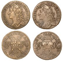 James II (1685-1691), Gunmoney coinage, Halfcrowns (2), both 1689, Sepr, stop after ii, 13.4...