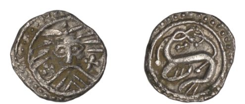 Early Anglo-Saxon Period, Sceatta, Secondary series X, Danish type B1, 'Wodan' head facing w...
