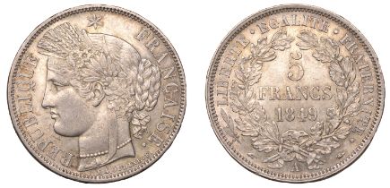 France, Second Republic, 5 Francs, 1849a, Paris (Gad. 719; KM 761.1). About extremely fine,...