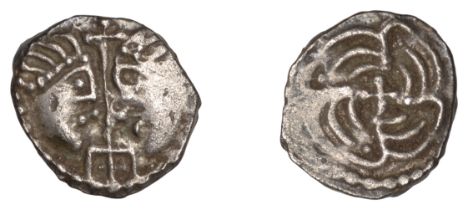 Early Anglo-Saxon Period, Sceatta, Secondary series J, type 37, two heads vis-Ã -vis, cross a...