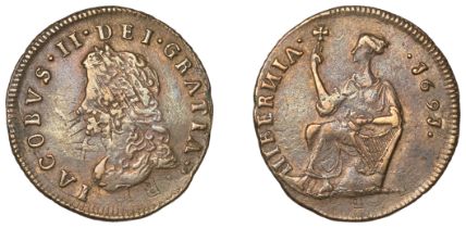 James II (1685-1691), Limerick coinage, Halfpenny, 1691, large size, reversed n in hibernia,...