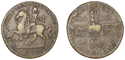 James II (1685-1691), Gunmoney coinage, Crown, 1690, type 1, rev. reads vict-ore, stop after...