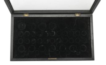 A glass-topped wooden display case, 41 x 23 x 4.5cm, with two trays to hold a total of 88 co...