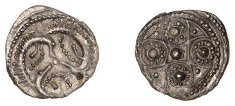 Early Anglo-Saxon Period, Sceatta, Secondary series H, type 48, whorl of three wolf heads, e...