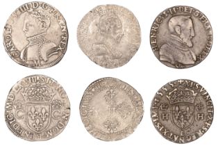 France, Henry II, Teston, second type, 1555l, Bayonne, 7.90g/4h (Dup. 983); Charles IX, Test...