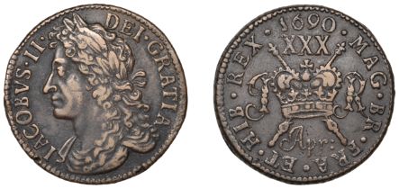 James II (1685-1691), Gunmoney coinage, Halfcrown, 1690 Apr:, stop after ii, 14.14g/12h (Tim...