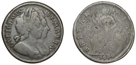 William and Mary (1688-1694), 1694, proof in copper, conjoined busts right, rev. Britannia s...