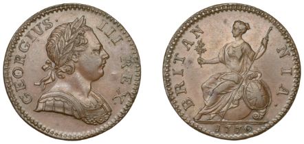 George III (1760-1820), Pre-1816 issues, 1770, proof in copper, laureate and cuirassed bust...