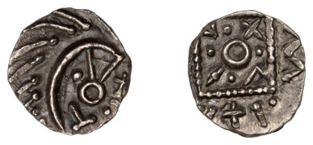 Early Anglo-Saxon Period, Sceatta, Continental series E, tertiary issue, porcupine-like figu...