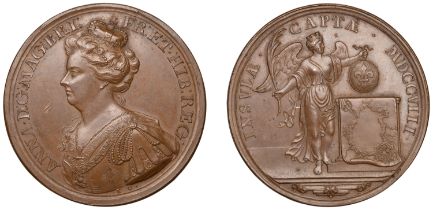 Capture of the Citadel of Lille, 1708, a copper medal by J. Croker, crowned and draped bust...