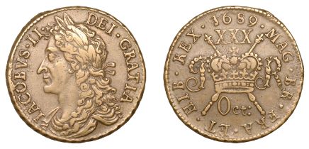 James II (1685-1691), Gunmoney coinage, Halfcrown, 1689 Oct:, stop after ii, 14.34g/12h (Tim...