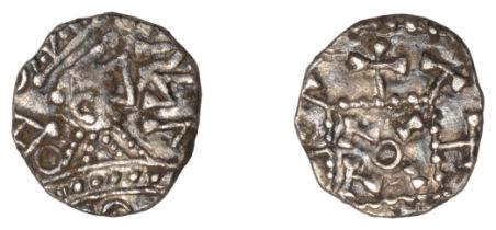 Early Anglo-Saxon Period, Sceatta, Primary series C2, radiate head right with pyramid torso...