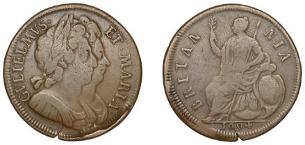 William and Mary (1688-1694), 1694, proof in copper, conjoined busts right, rev. Britannia s...