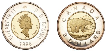 Canada, Elizabeth II, bi-metallic Proof 2 Dollars, 1996, gold centre in silver ring (KM 270a...