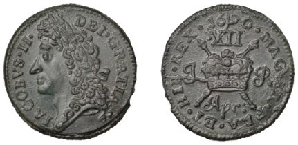 James II (1685-1691), Gunmoney coinage, Shilling, 1690 Apr:, 6.47g/12h (Timmins 2B; S 6581K)...