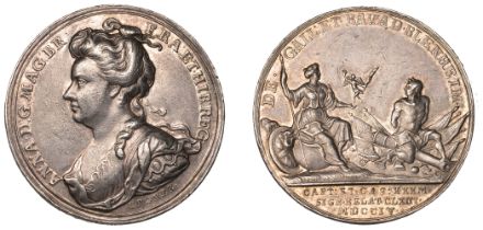 Battle of Blenheim, 1704, a silver medal by J. Croker, bust of Anne left, rev. Britannia sea...