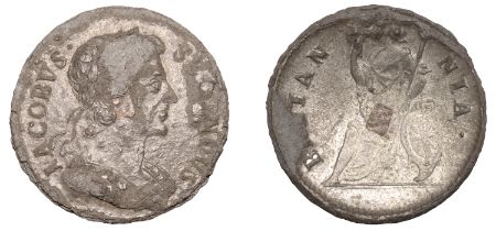 James II (1685-1688), Farthing, edge date unclear, cuirassed bust (S 3420). Copper plug; muc...