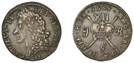 James II (1685-1691), Gunmoney coinage, Shilling, 1689 9r, Limerick, small castle between pe...