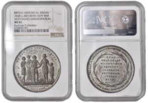 Emancipation in the West Indies, 1838, a white metal medal by T. Halliday, five standing fig...