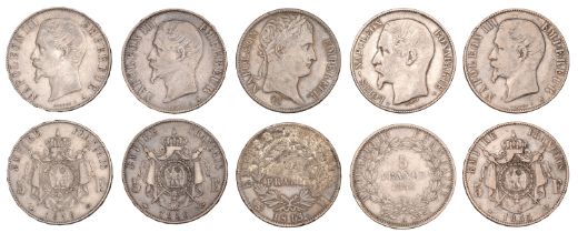 France, Napoleon, 5 Francs, 1813h, La Rochelle (KM 694.6); Napoleon III, 5 Francs (4), 1852a...