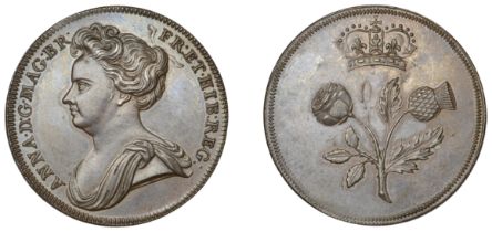 Anne (1702-1714), Undated, pattern in copper, large draped bust left, rev. conjoined rose an...