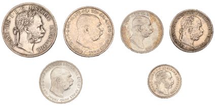 Austria, Franz Joseph I, Florin, 1889 (KM 2222); 10 Kreuzer, 1872 (KM 2206); 2 Corona, 1912...