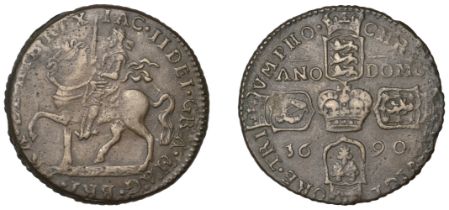 James II (1685-1691), Gunmoney coinage, Crown, 1690, type 1, rev. reads vict-ore, stop after...