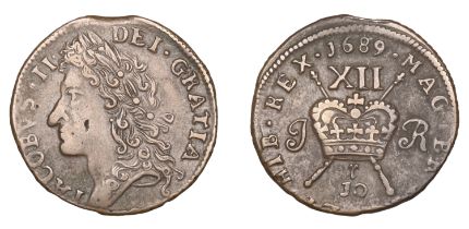 James II (1685-1691), Gunmoney coinage, Shilling, 1689 10r, 5.64g/12h (Timmins 2E; S 6581F5)...