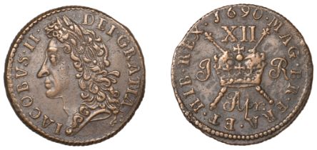 James II (1685-1691), Gunmoney coinage, Shilling, 1690 Apr:, 5.93g/12h (Timmins 2B; S 6581K)...