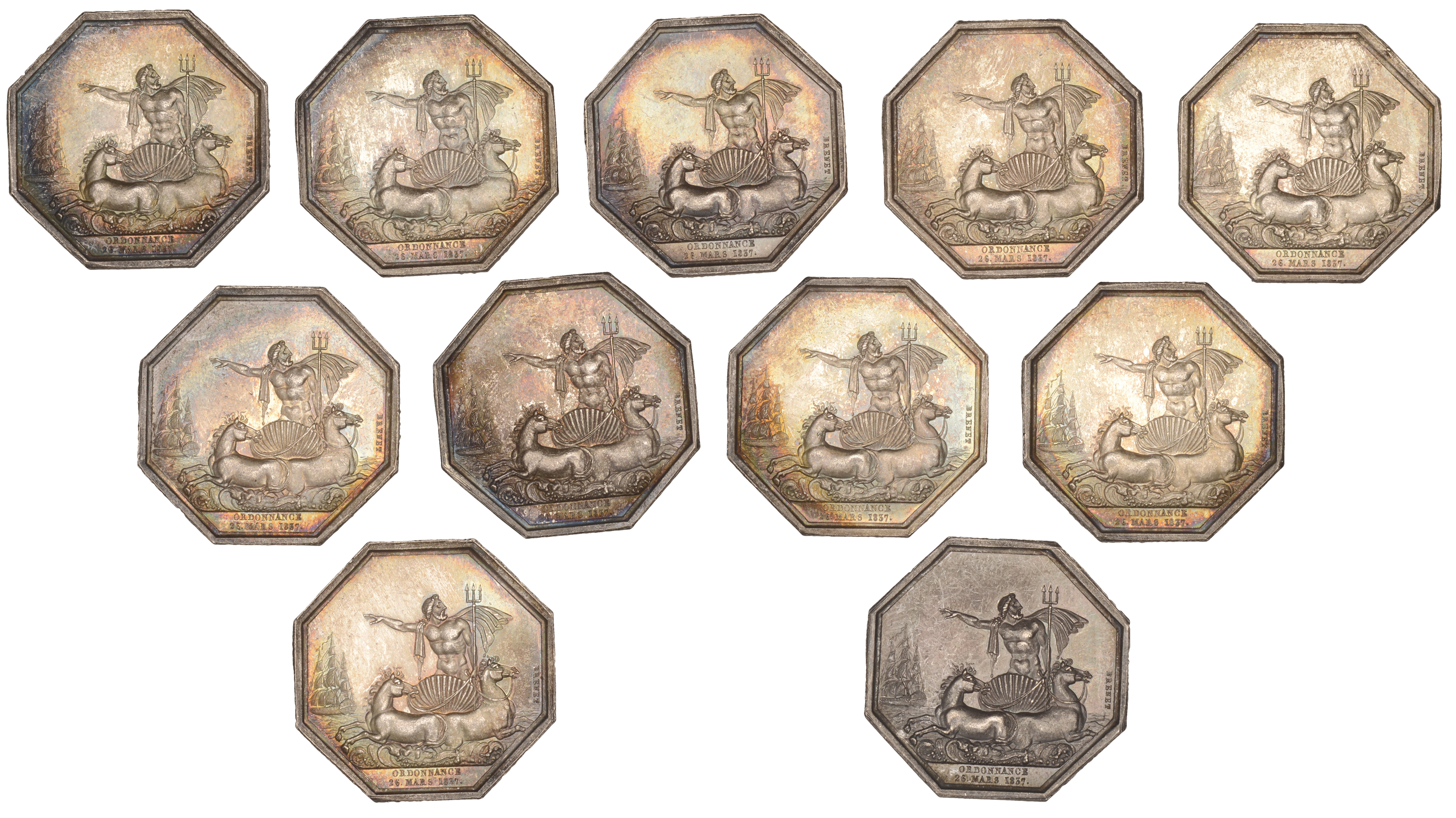 FRANCE, Compagnie d'Assurances Maritimes, 1837, octagonal silver jetons (11) by N. Brenet [s...