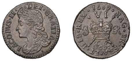James II (1685-1691), Gunmoney coinage, Sixpence, 1689 Feb:, looped b in feb, 3.72g/12h (Tim...