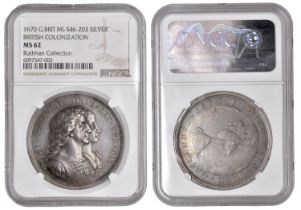 British Colonisation, 1670, a silver medal, unsigned [by J. Roettier], conjoined busts of Ch...