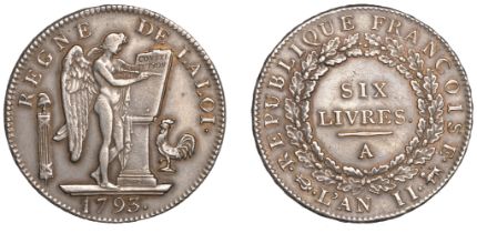 France, Convention, 6 Livres, 1793a, yr II, Paris, 29.53g/6h (Gad. 58; KM 624.1). Cleaned at...