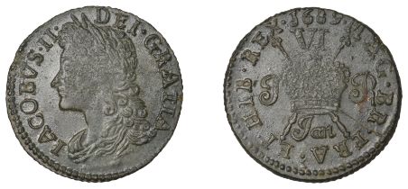 James II (1685-1691), Gunmoney coinage, Sixpence, 1689 Jan, 2.72g/12h (Timmins 1A; S 6583H)....